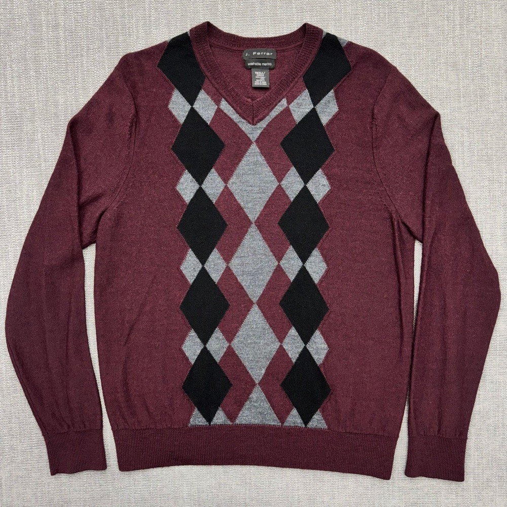 J. Ferrar Mens Washable Merino Wool Argyle V-Neck Sweater Burgundy Small